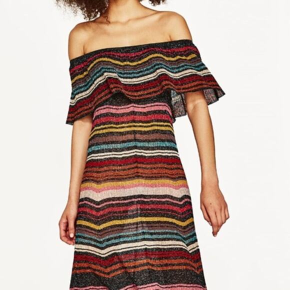 Zara Knit Off Shoulder Mini Dress Stripe Multi Size S - Picture 1 of 4